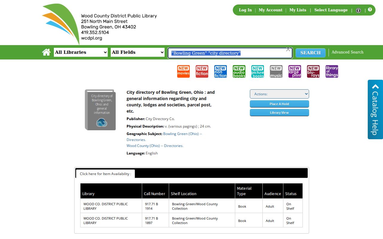 Bowling Green city directory catalog record at Wood County District Public Library