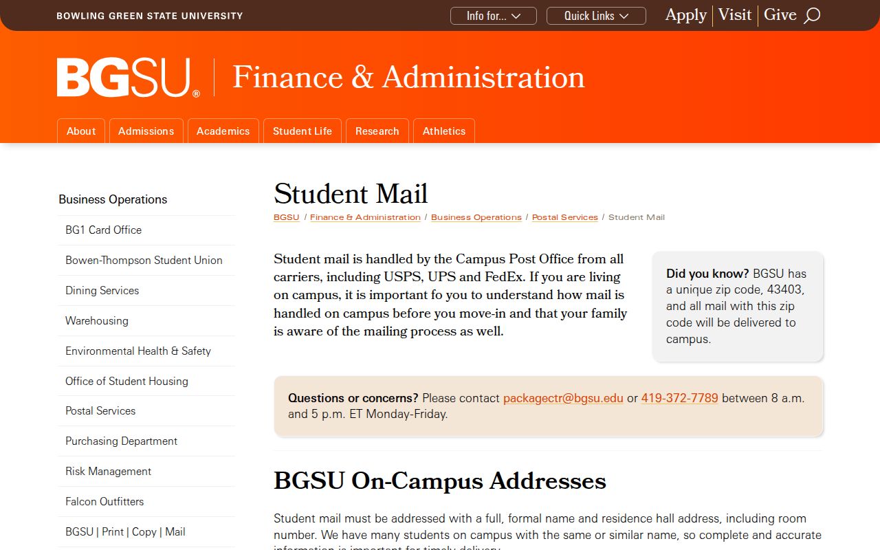 Bowling Green ZIP code BGSU unique 43403 mail guidance